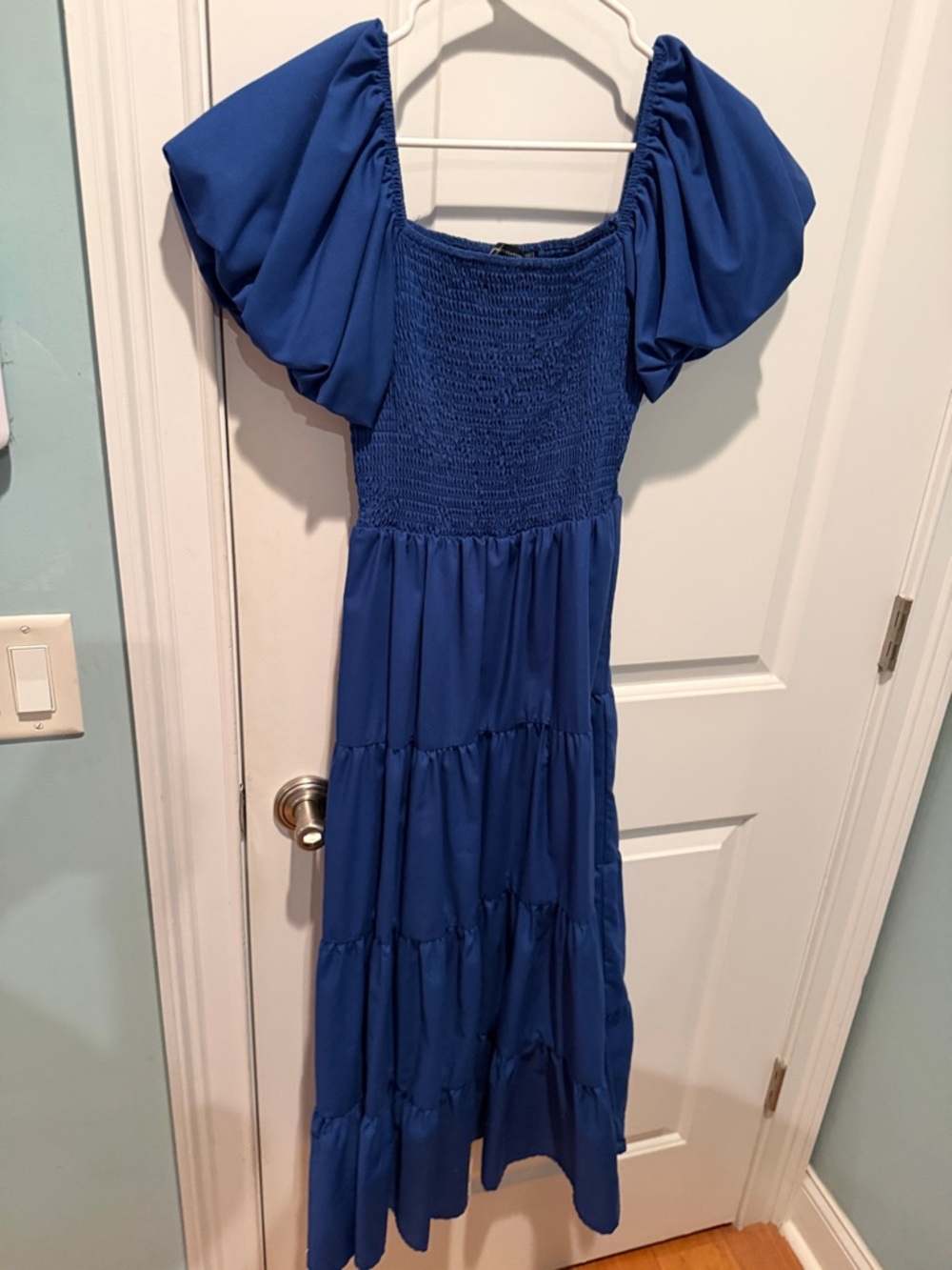 Blue Puff-Sleeve Smocked Maxi Dress
